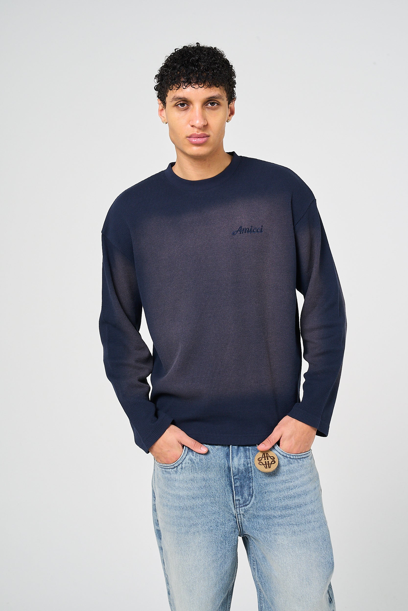 Pandan Navy Waffle Long Sleeve T Shirt - Image 2